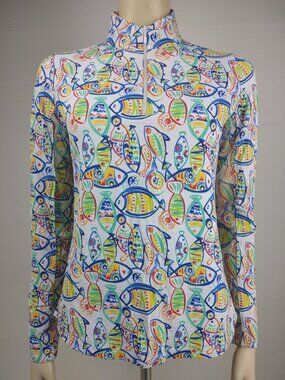 IBKUL white colorful fish print 1/4 zip mesh sleeve athletic top womens Small